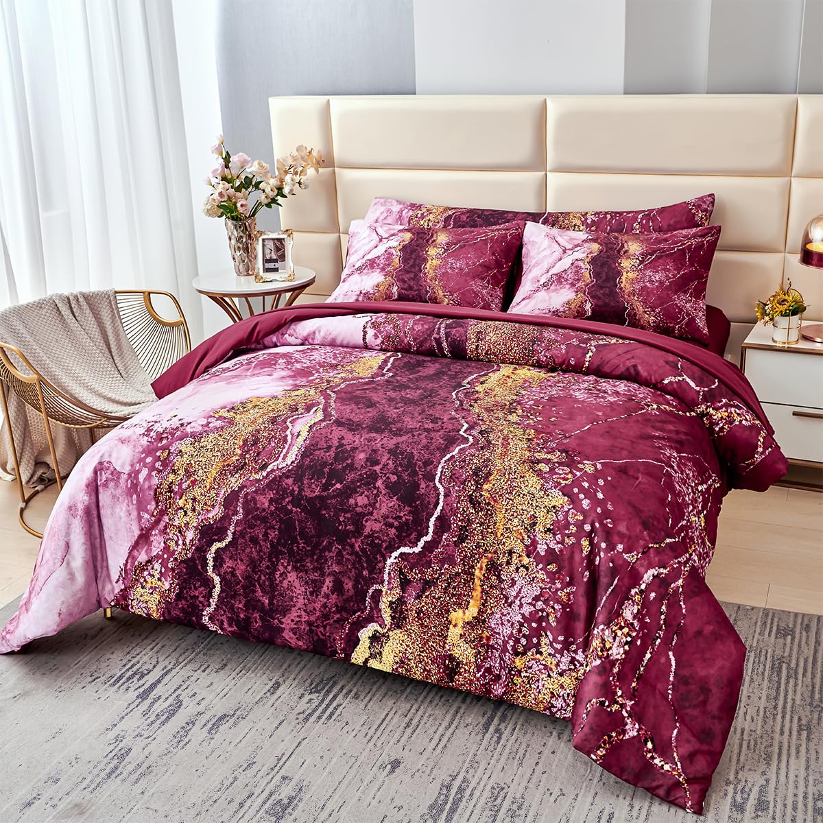 Perfemet 6 Pcs Full Comforter Sets Burgundy Watercolor Marble Bed In A Bag Comforter Set Soft Lightweight Dark Red And Gold Bedd